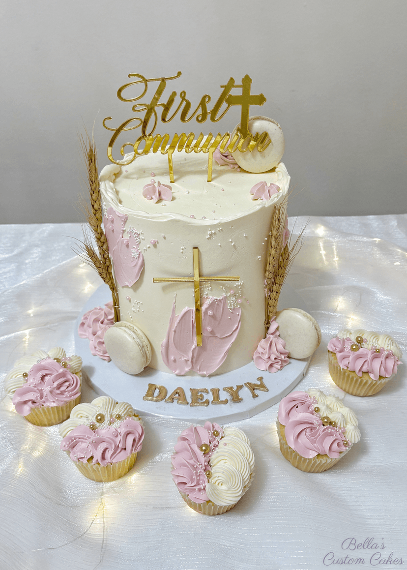 Classic communion cake with white icing and soft pastel flowers