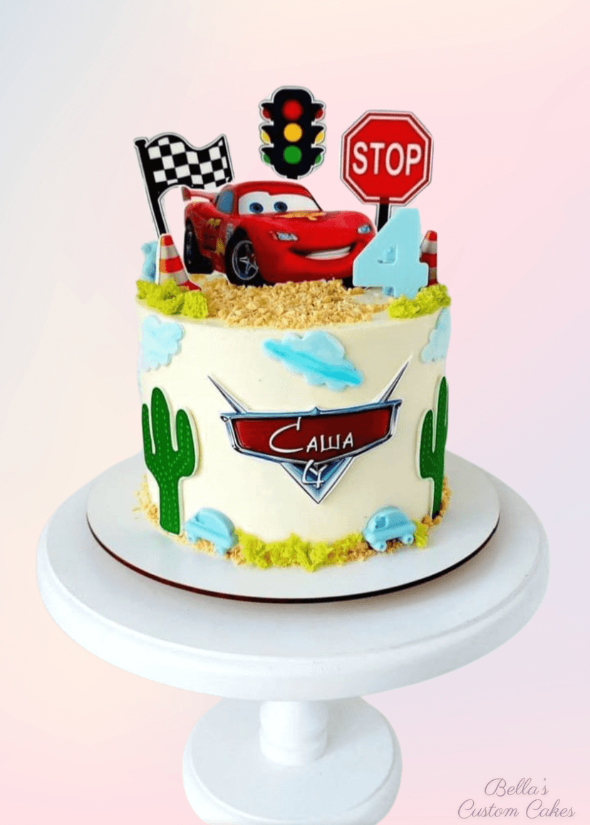 Exciting cars cake with traffic light and flag