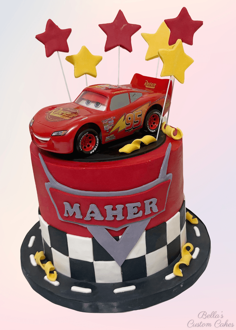 Detailed cake with Cars characters and bold red and black colors