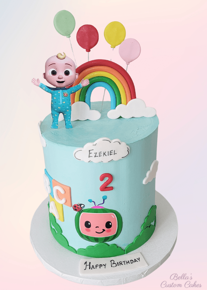 Bright Cocomelon cake featuring colorful characters and balloons