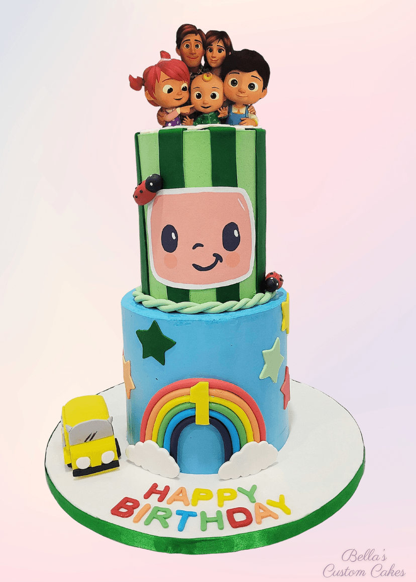 Two-tier Cocomelon cake decorated with vibrant stripes and playful designs
