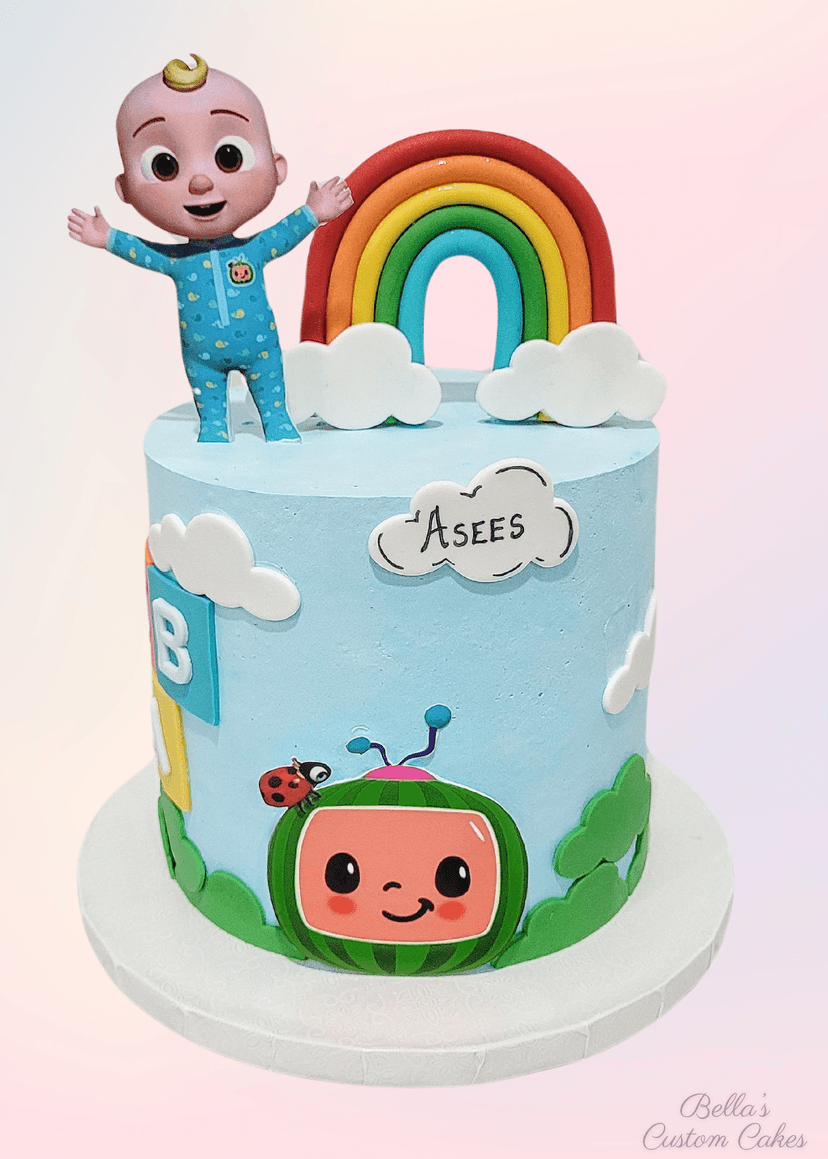 Fun Cocomelon cake with cartoon character toppers and rainbow colors