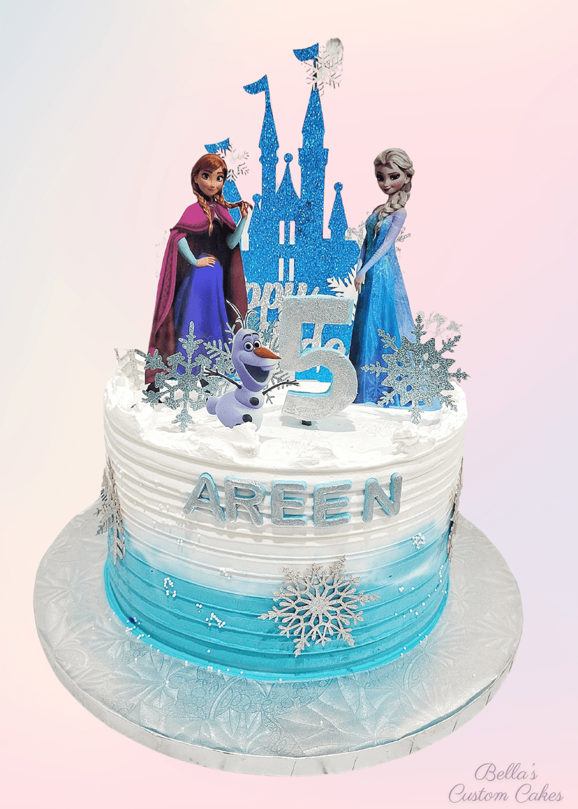 Colorful Disney-themed cake featuring Anna and Elsa