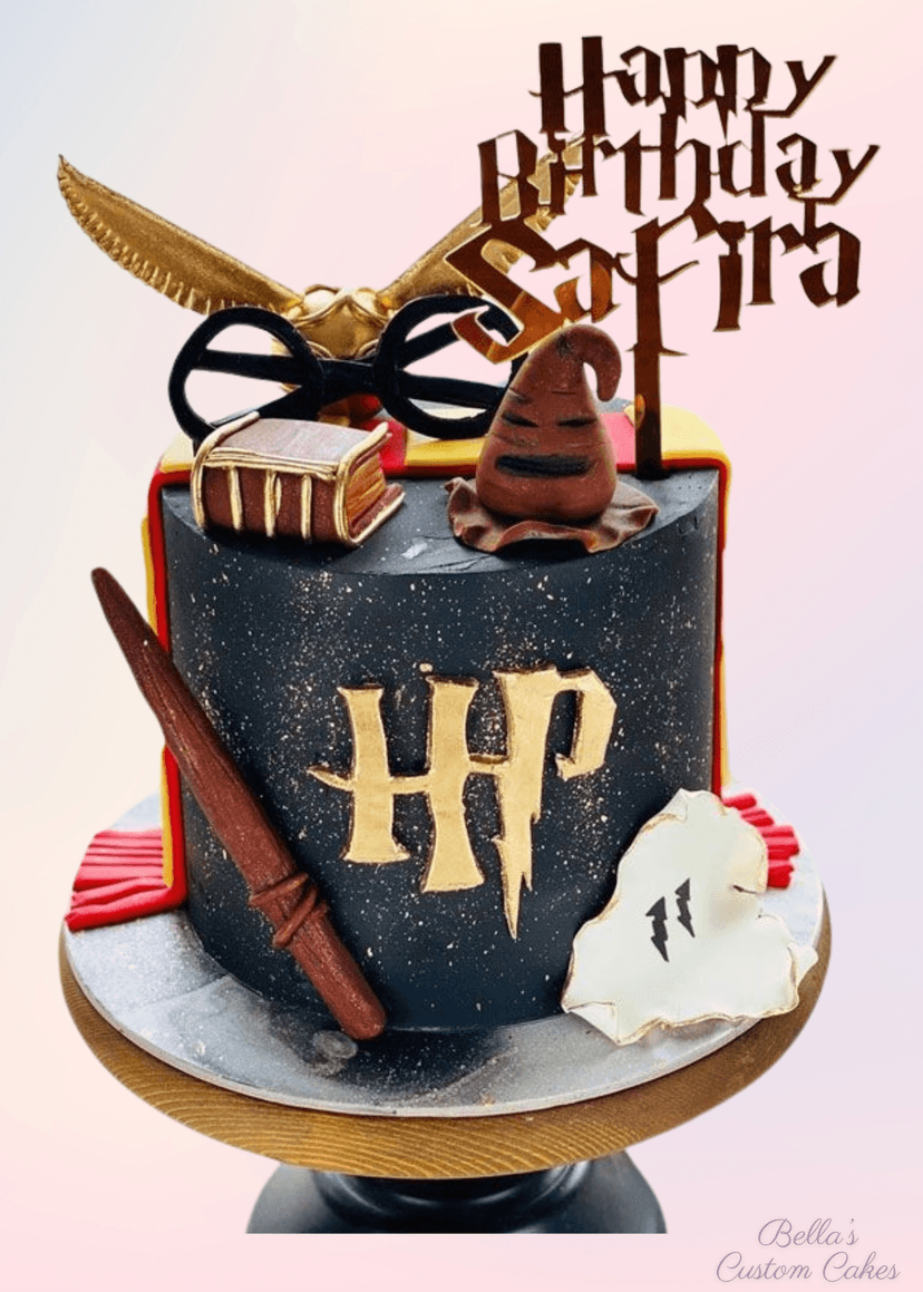 Cake decorated with golden snitch and black theme