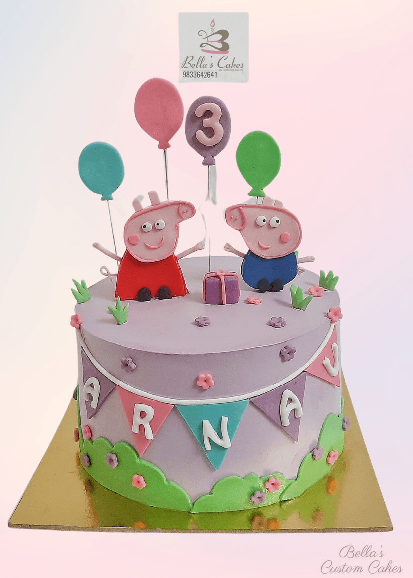Colorful Peppa Pig cake with playful decorations
