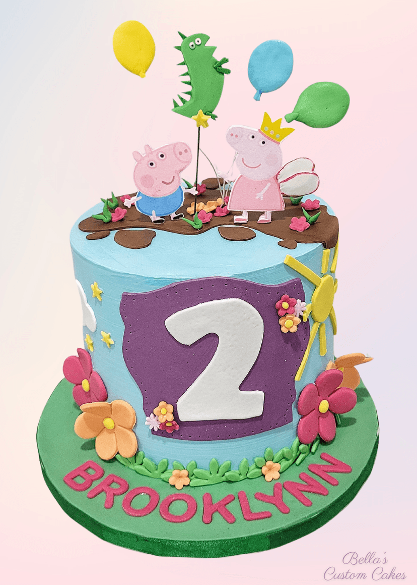 TPeppa Pig cake with pastel colors and character faces