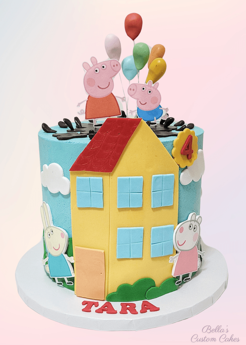 Fun Peppa Pig cake with balloons and themed edible toppers