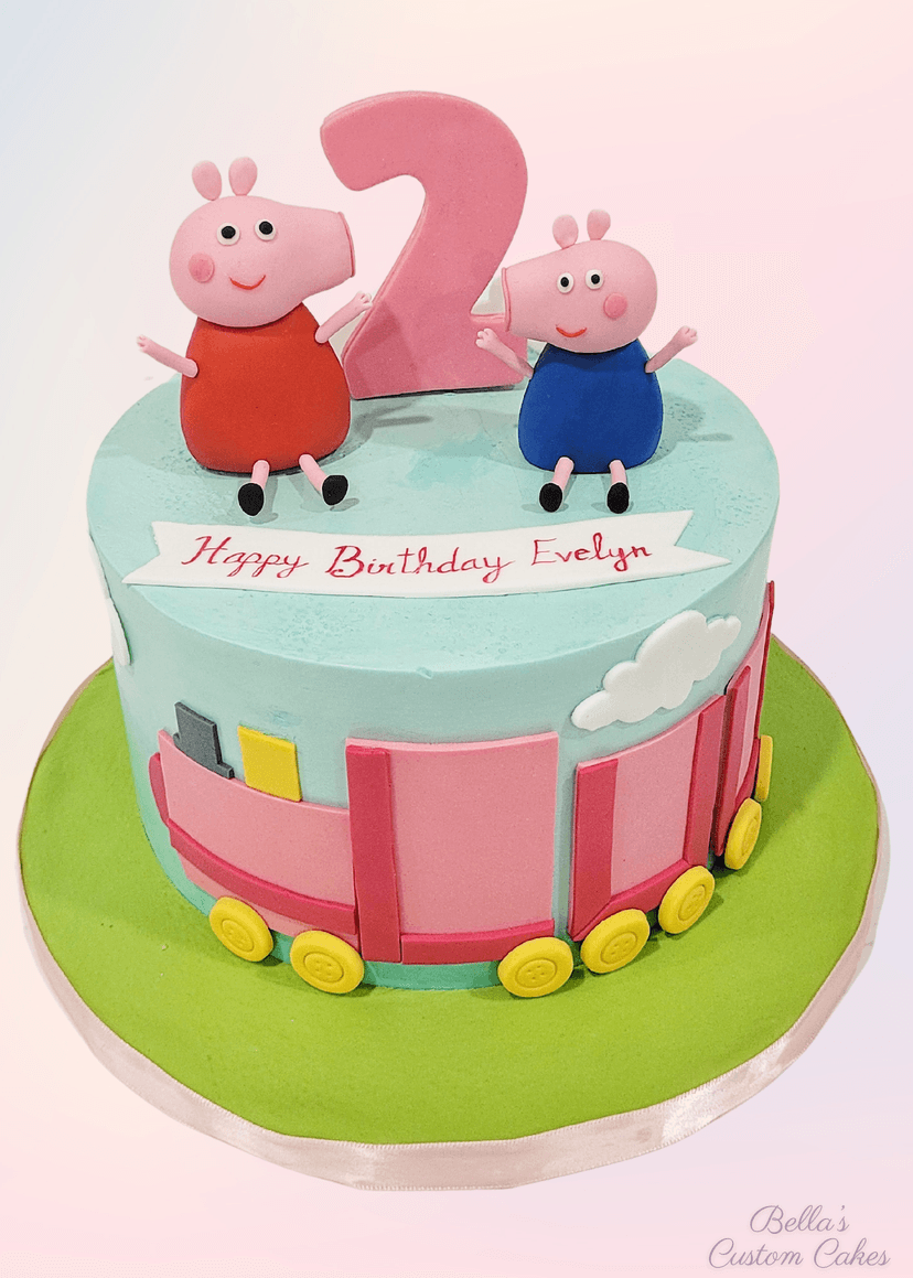 Peppa Pig cake decorated with themed edible images and colorful accents