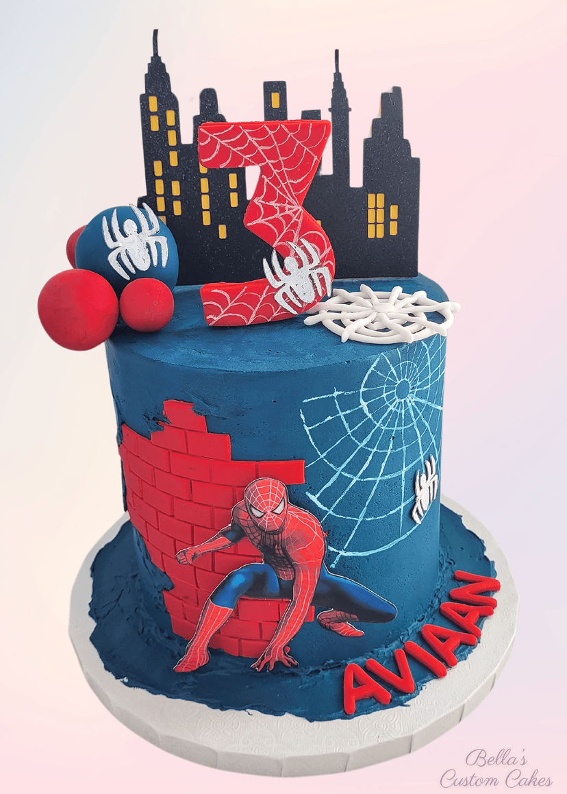 Dynamic spiderman cake featuring a city theme