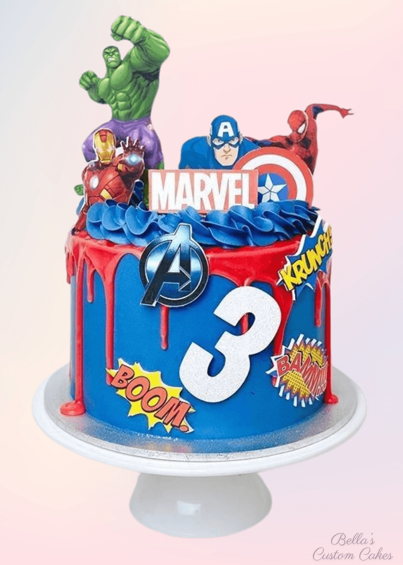 Vibrant superhero cake with mask and lightning bolt motifs